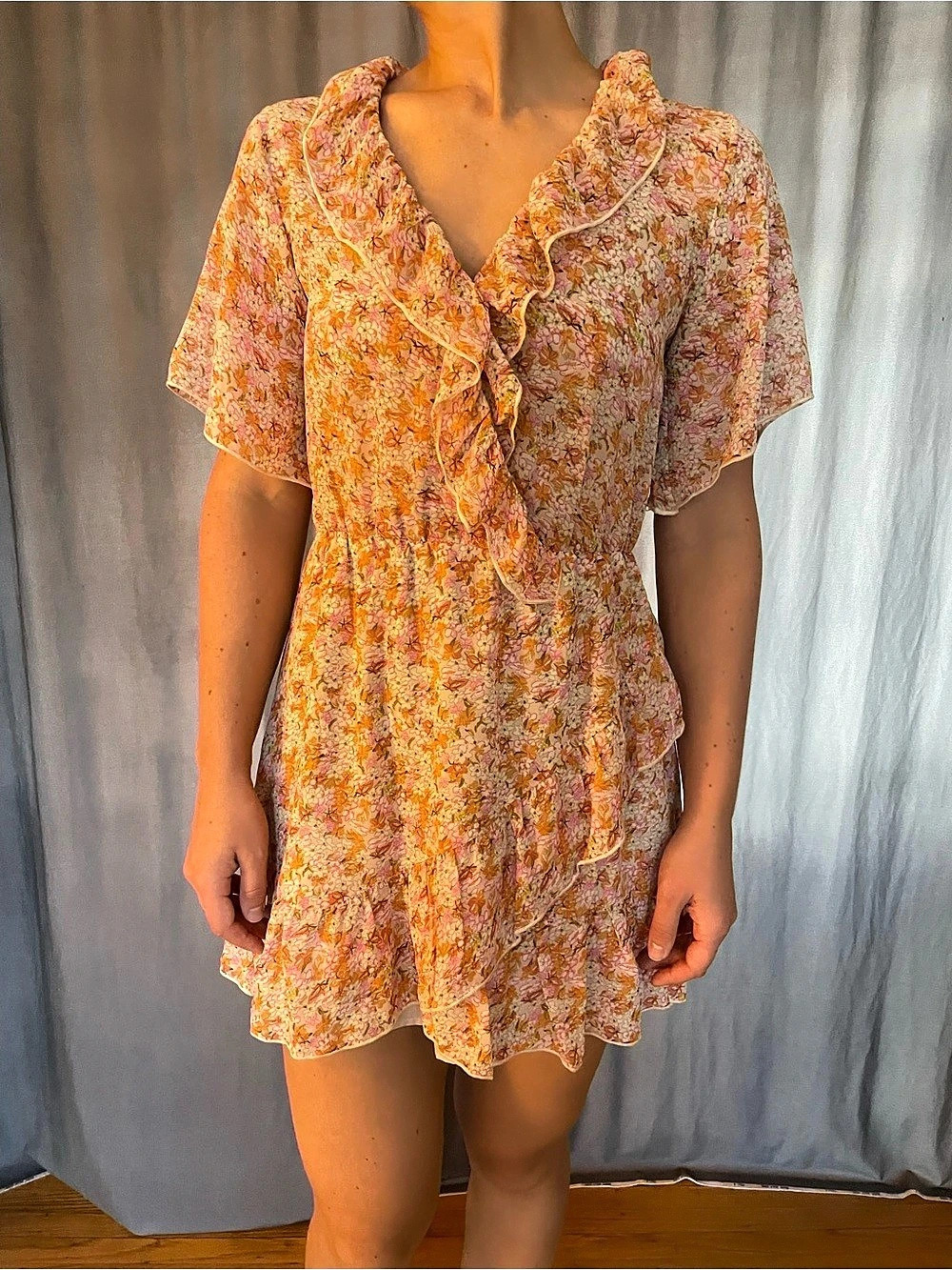 Bishop + Young Floral Mini Dress in Pink & Orange (Size Medium)